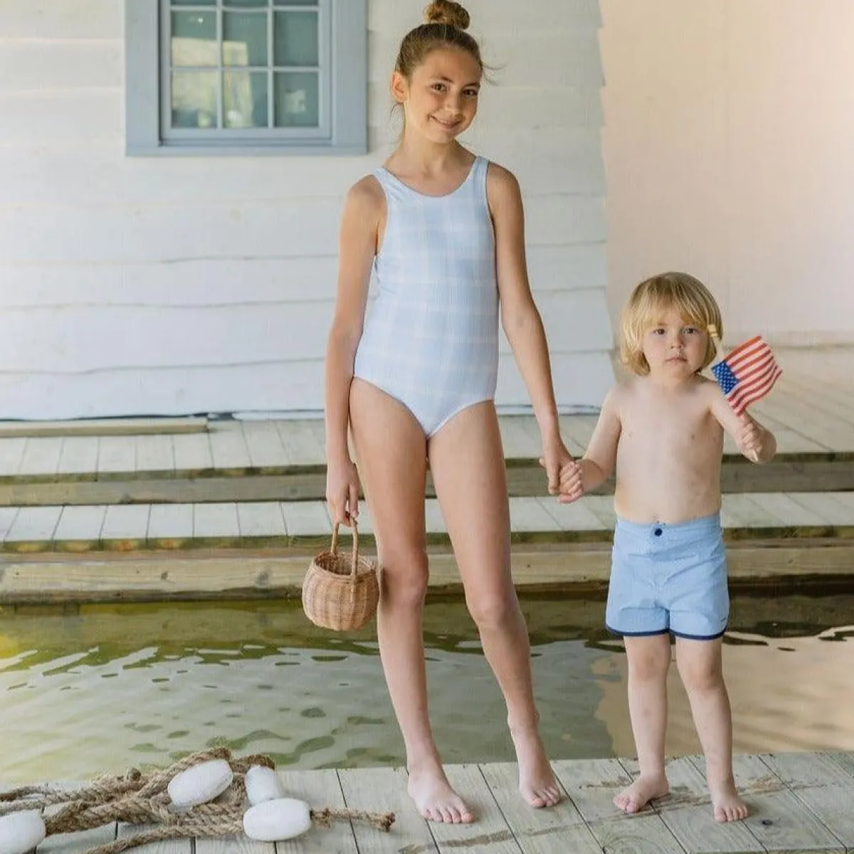 minnow Girls Double Bow One Piece Sunwashed Plaid Fashion