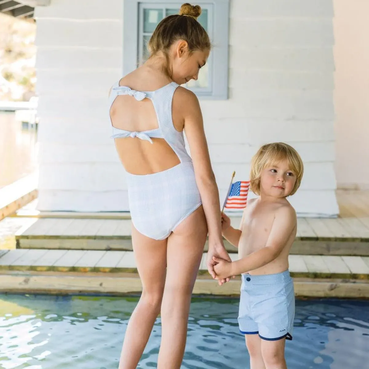 minnow Girls Double Bow One Piece Sunwashed Plaid Fashion