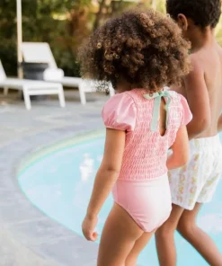 minnow Girls Puff Sleeve Smocked One Piece Sorbet Pink Online