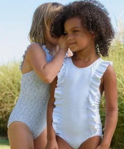 minnow Girls Ruffle One Piece Powder Blue Stripe Outlet