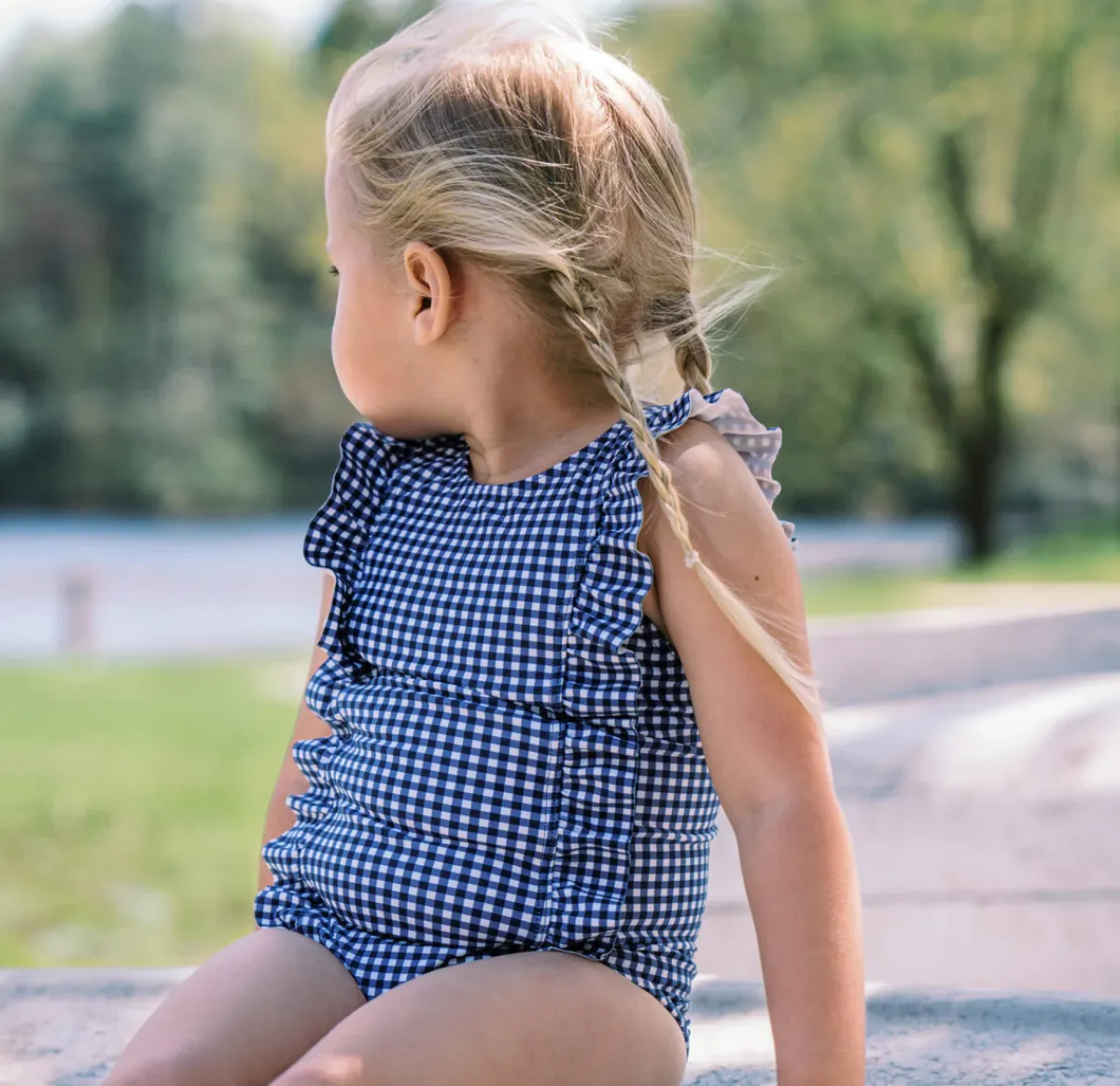 minnow Girls Ruffle One Piece | Swim Navy Gingham Hot