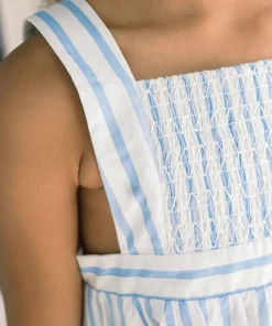 minnow Girls Smocked Bib Dress Bahamian Blue Stripe Discount