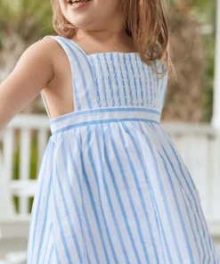 minnow Girls Smocked Bib Dress Bahamian Blue Stripe Discount