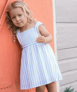minnow Girls Smocked Bib Dress Bahamian Blue Stripe Discount