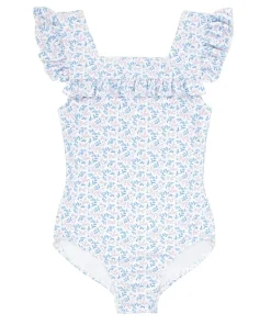 minnow Girls Square Neck Double Ruffle One Piece Briland Blue Botanic Discount