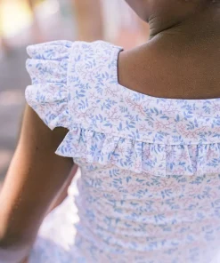 minnow Girls Square Neck Double Ruffle One Piece Briland Blue Botanic Discount