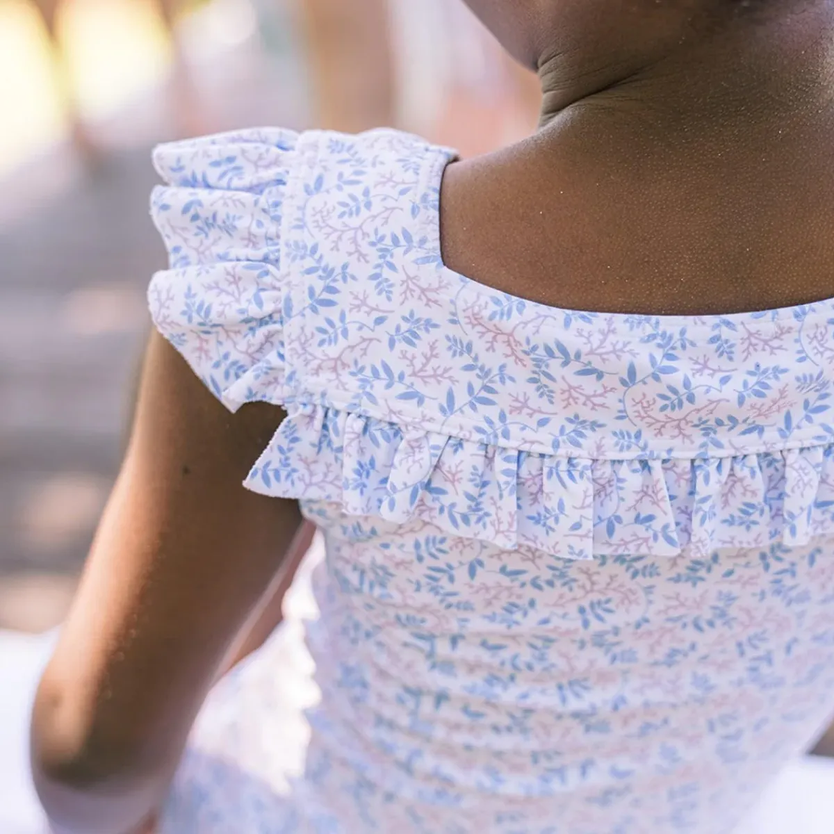 minnow Girls Square Neck Double Ruffle One Piece Briland Blue Botanic Discount