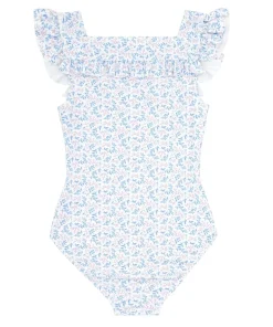 minnow Girls Square Neck Double Ruffle One Piece Briland Blue Botanic Discount