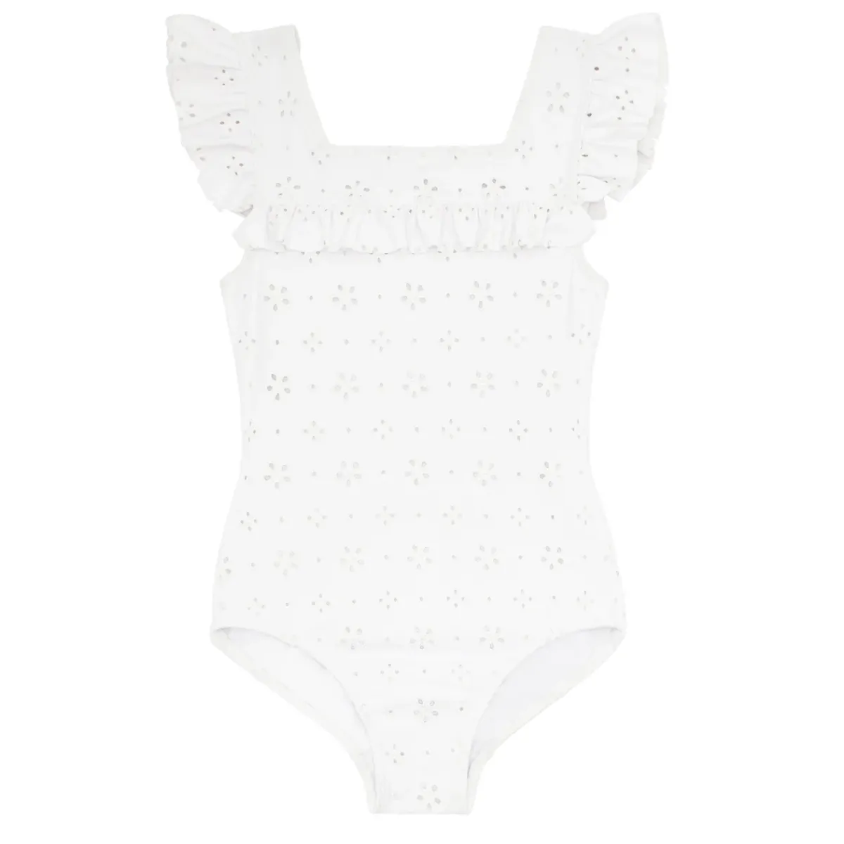 minnow Girls Square Neck Double Ruffle One Piece White Eyelet Clearance