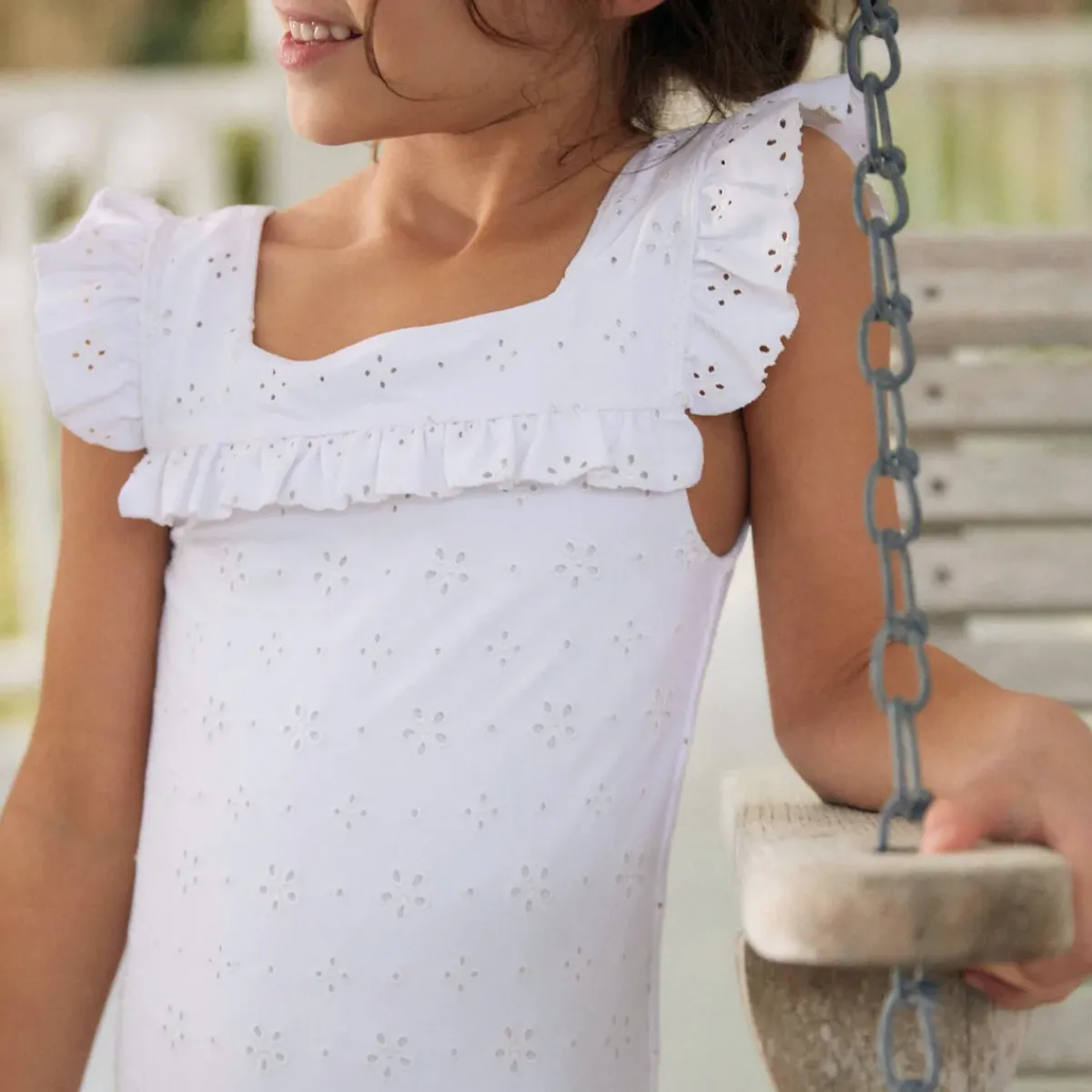 minnow Girls Square Neck Double Ruffle One Piece White Eyelet Clearance
