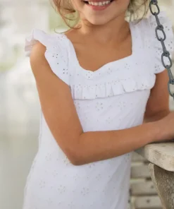 minnow Girls Square Neck Double Ruffle One Piece White Eyelet Clearance