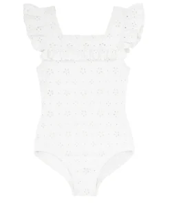 minnow Girls Square Neck Double Ruffle One Piece White Eyelet Hot