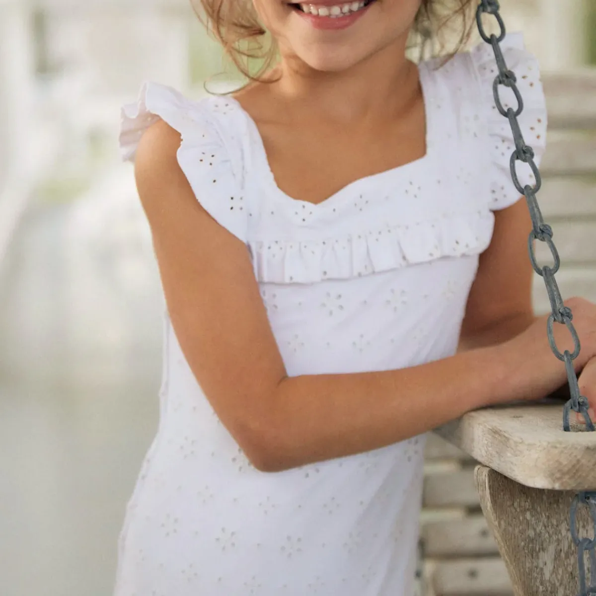 minnow Girls Square Neck Double Ruffle One Piece White Eyelet Hot