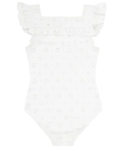 minnow Girls Square Neck Double Ruffle One Piece White Eyelet Hot