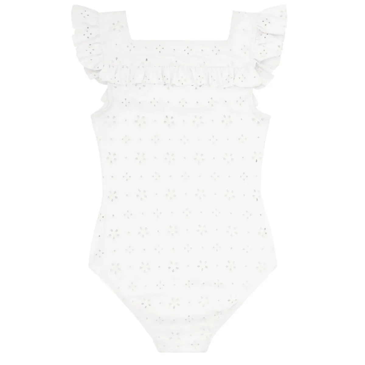 minnow Girls Square Neck Double Ruffle One Piece White Eyelet Hot