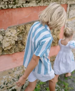 minnow X Fanm Mon Boy's Blue Cabana Linen Shirt Blue Cabana Stripe Outlet