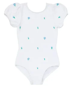 minnow X Fanm Mon Girl's Puff Sleeve One Piece Coconut Grove White Hot