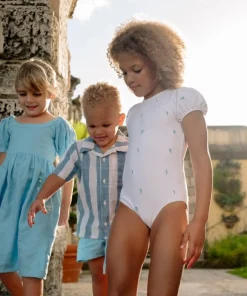 minnow X Fanm Mon Girl's Puff Sleeve One Piece Coconut Grove White Hot