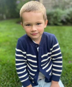 minnow Unisex Knit Cardigan Navy And Cream Stripe Clearance