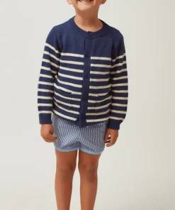 minnow Unisex Knit Cardigan Navy And Cream Stripe Outlet
