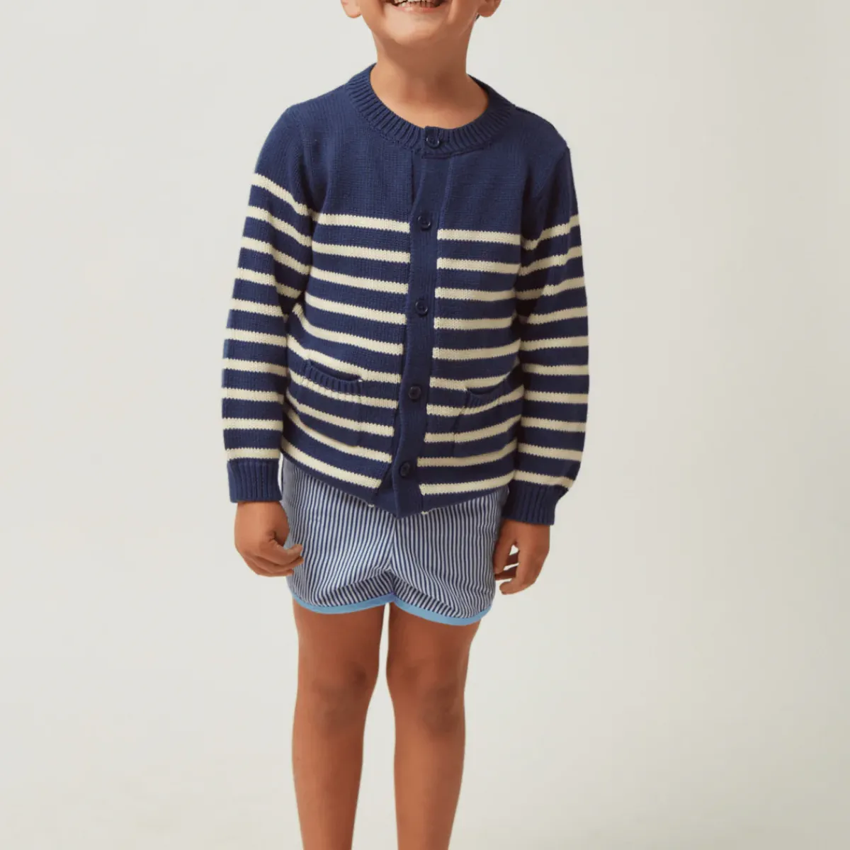 minnow Unisex Knit Cardigan Navy And Cream Stripe Outlet