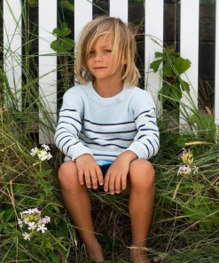 minnow Unisex Knit Sweater Light Blue Tricolor Stripe Clearance