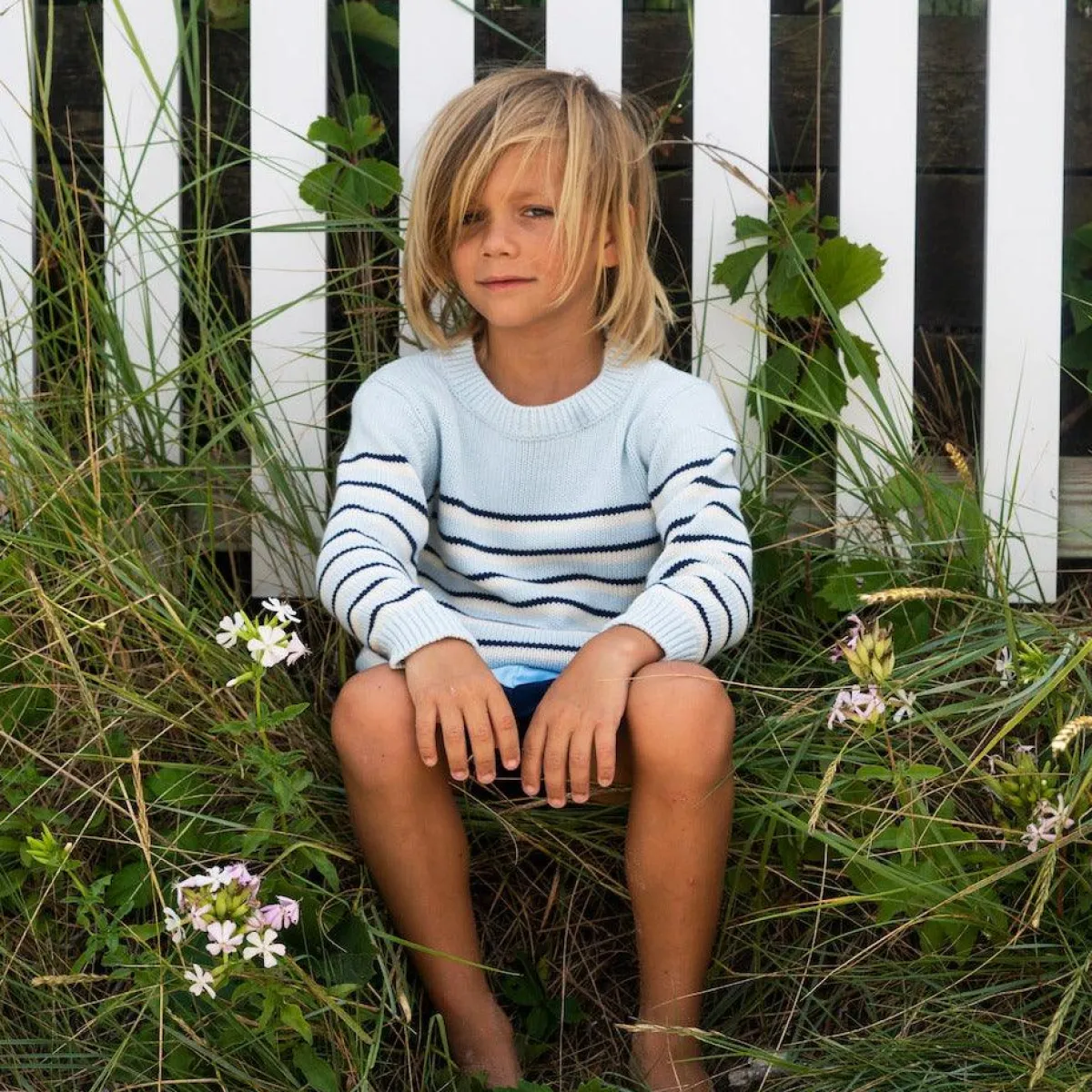 minnow Unisex Knit Sweater Light Blue Tricolor Stripe Clearance