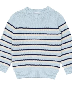 minnow Unisex Knit Sweater Light Blue Tricolor Stripe Discount
