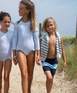 minnow Unisex Knit Sweater Light Blue Tricolor Stripe Discount