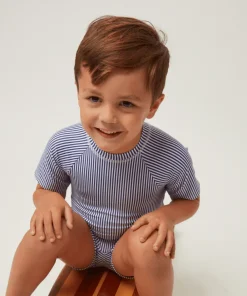 minnow Unisex Short Sleeve Rashguard One Piece Navy Stripe New